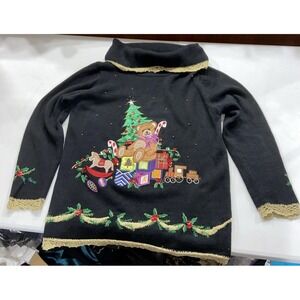 CB Collection women's Christmas Sweater Large Bear Turtle Neck Black